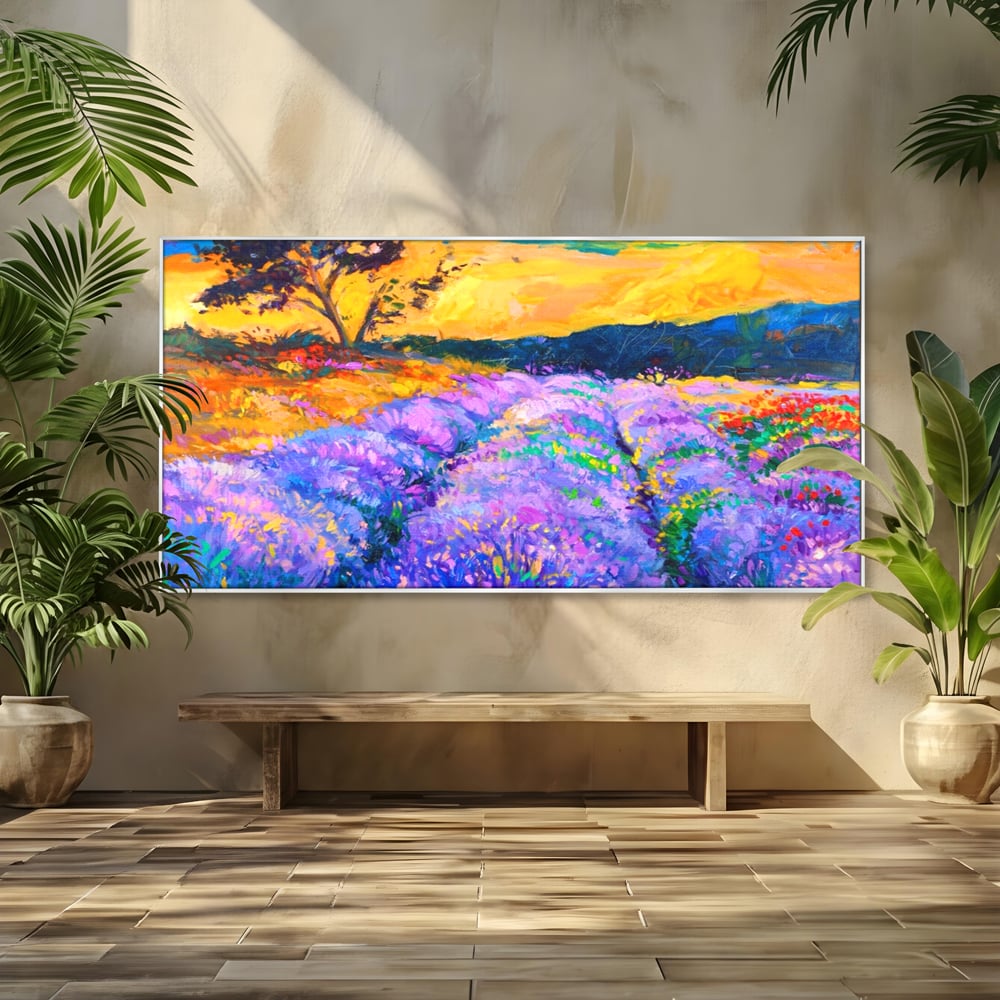 Tablou canvas cu pictura camp de lavanda la apus, in rama de aluminiu argintiu